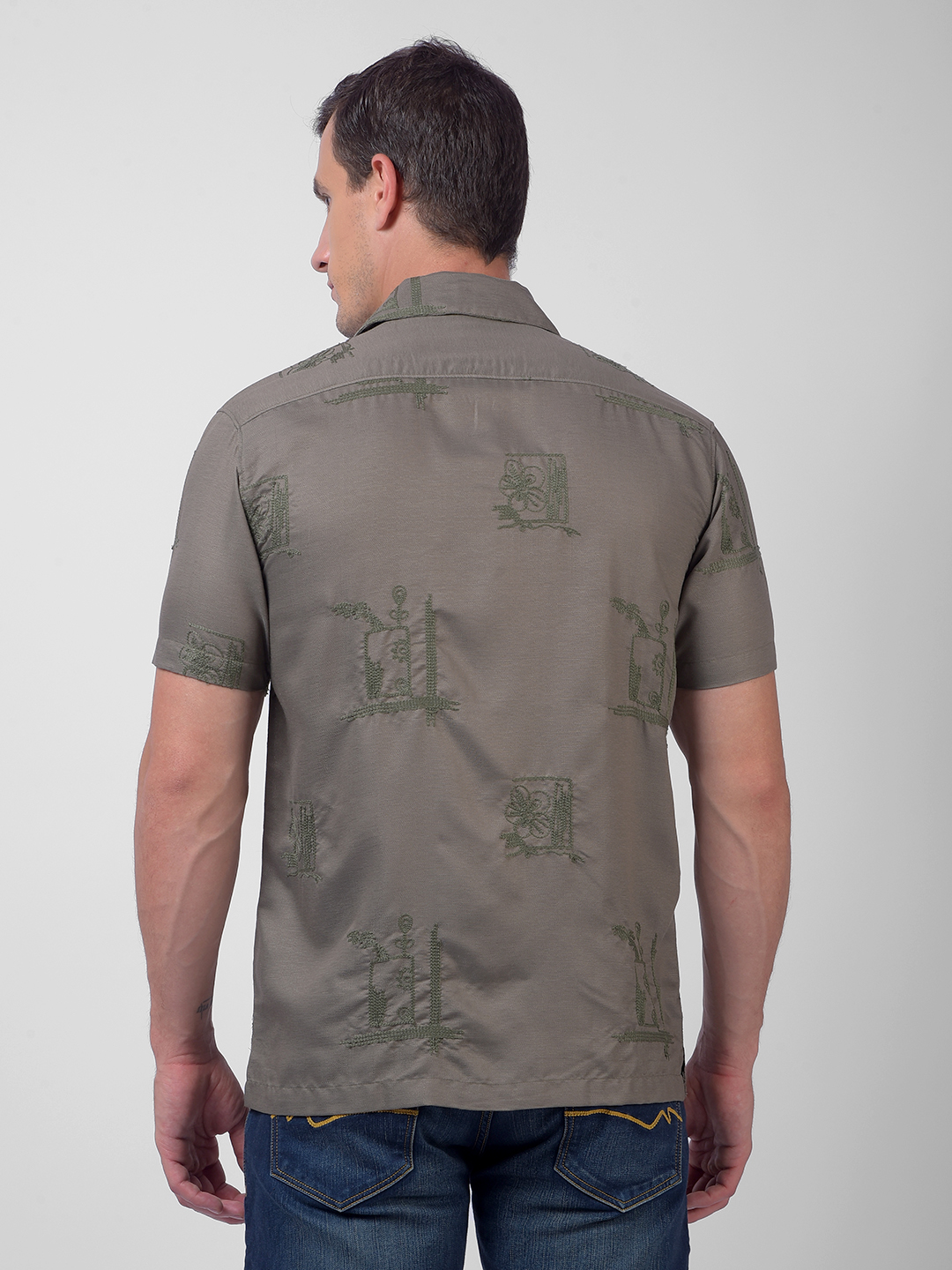 Numero Uno Men Olive Green Embroidered Resort Collar Shirt